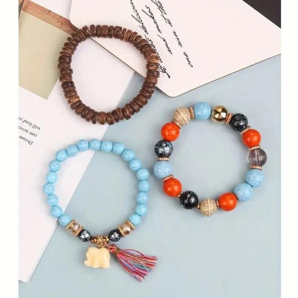 New 3pc Exquisite Bohemian Chic Elephant Tassel Beaded Bracelet - Picture 3 of 5